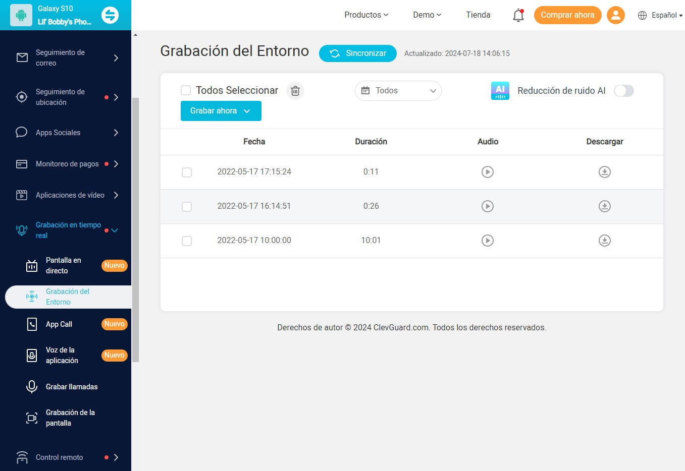 escuchar el entorno de otro celular con kidsguard pro